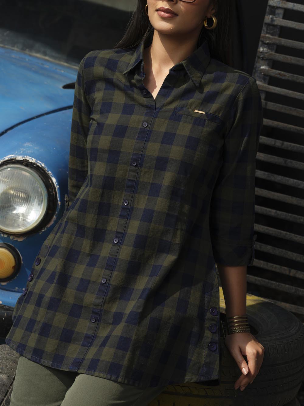 Indigo denim checks top - Etiquette Apparel