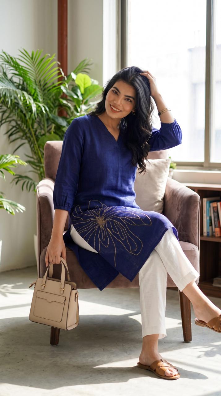 When Denim Blossoms Kurta - Etiquette Apparel