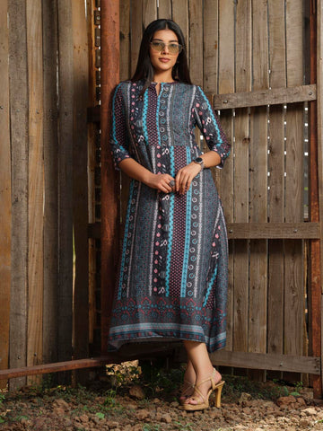 Long Indie Print Mishran Dress - Etiquette Apparel 
