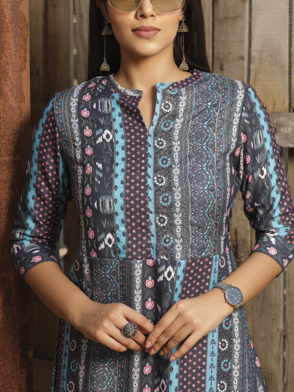 Long Indie Print Mishran Dress - Etiquette Apparel 