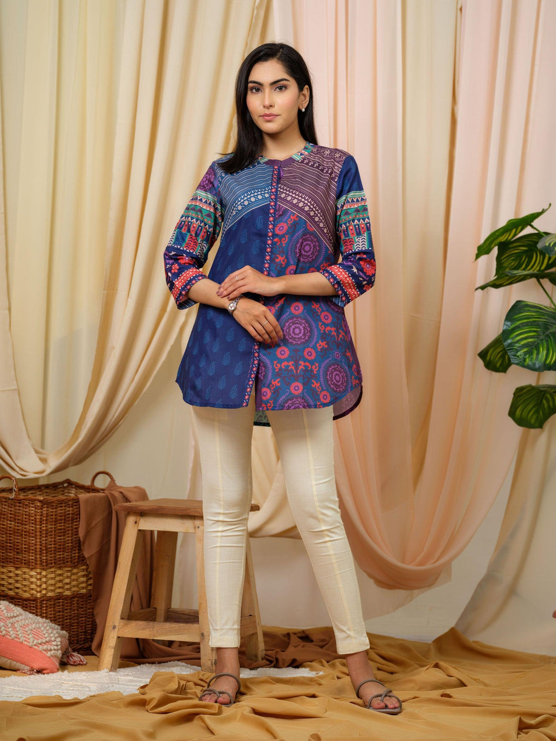 Multi colored multi print short top with mandarin collar - Etiquette Apparel 