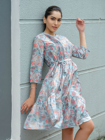 Multi color floral dress with boat neck and fryill at hem - Etiquette Apparel 