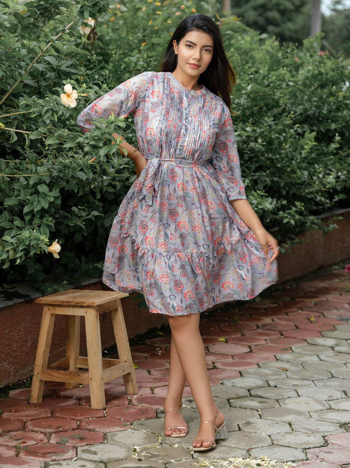 Multi color floral dress with boat neck and fryill at hem Etiquette Apparel