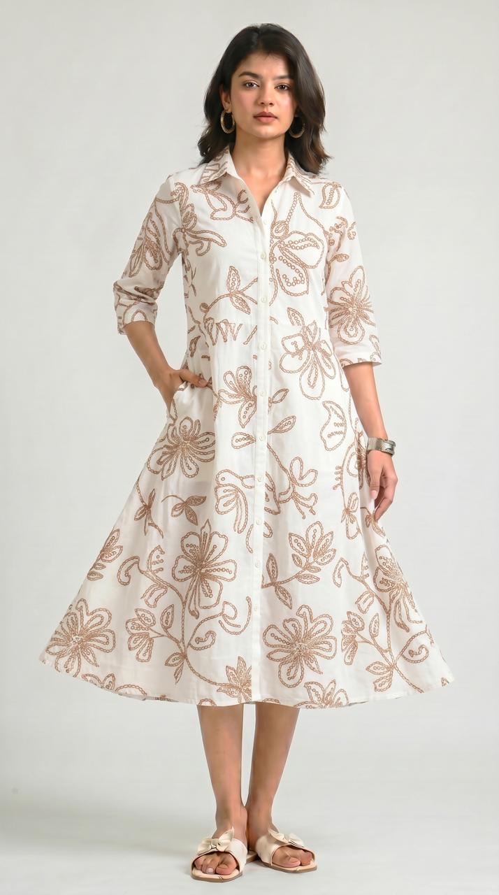 Embossed Floral Print Shirt Dress - Etiquette Apparel