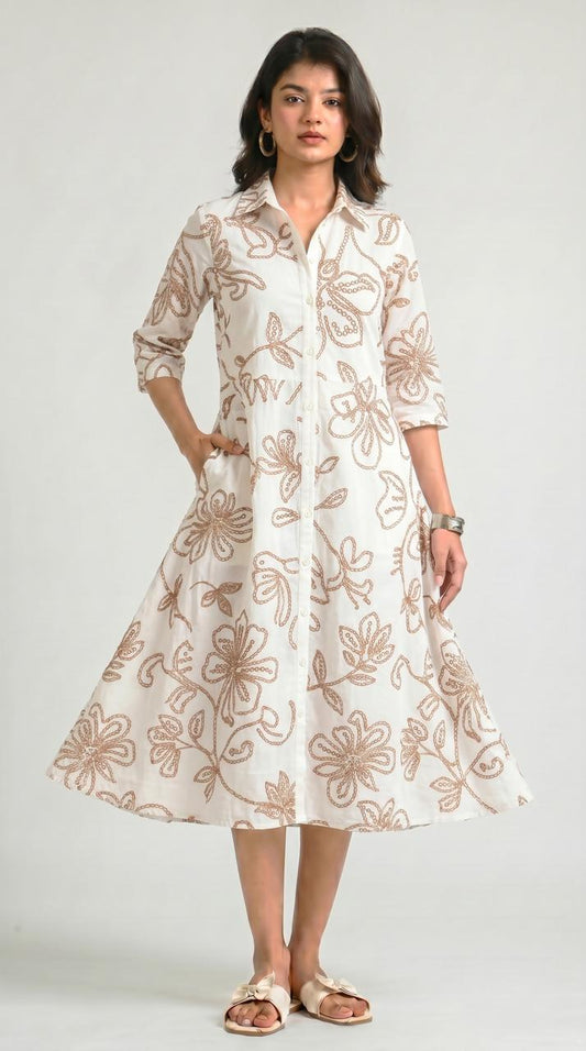 Embossed Floral Print Shirt Dress - Etiquette Apparel