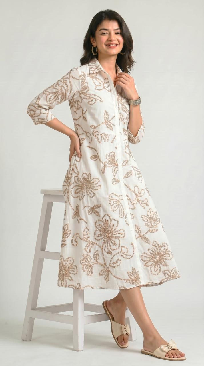 Embossed Floral Print Shirt Dress - Etiquette Apparel