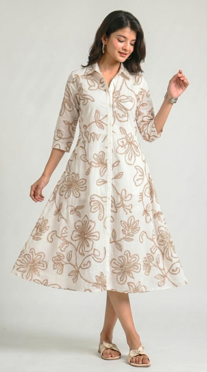 Embossed Floral Print Shirt Dress - Etiquette Apparel