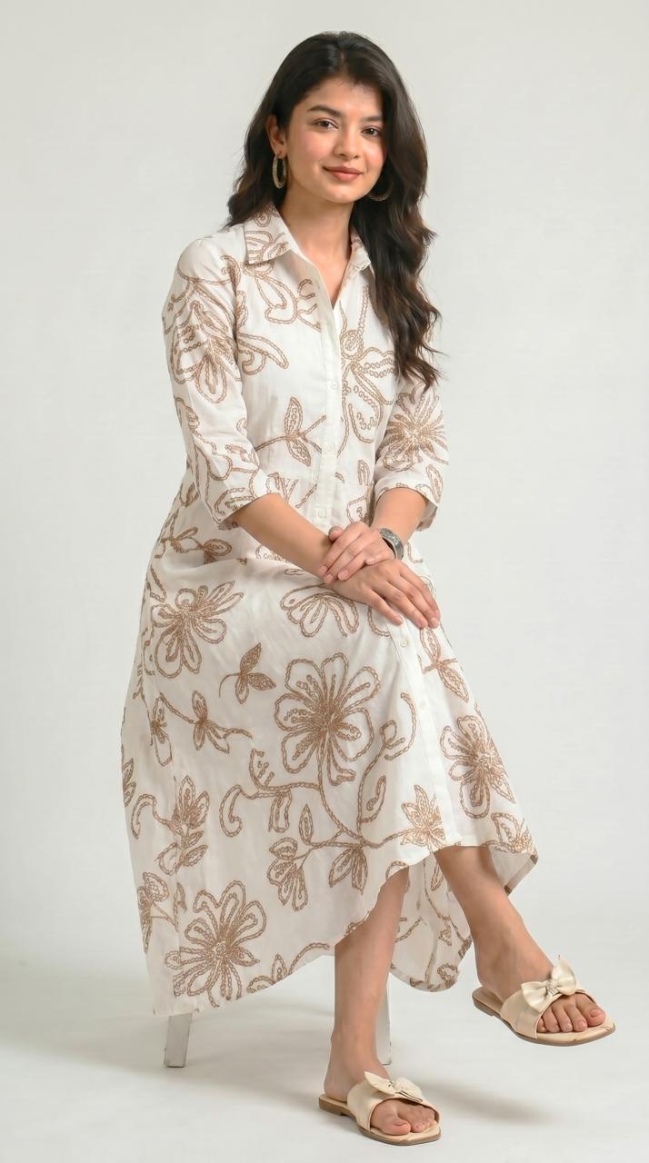 Embossed Floral Print Shirt Dress - Etiquette Apparel