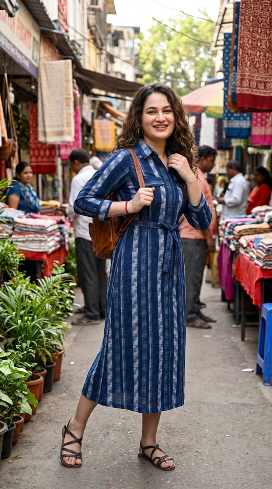Indigo Ikkat Dress - Etiquette Apparel