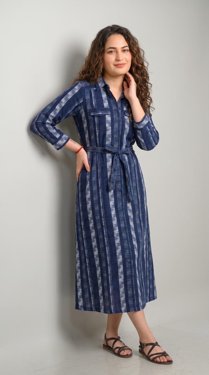 Indigo Ikkat Dress - Etiquette Apparel