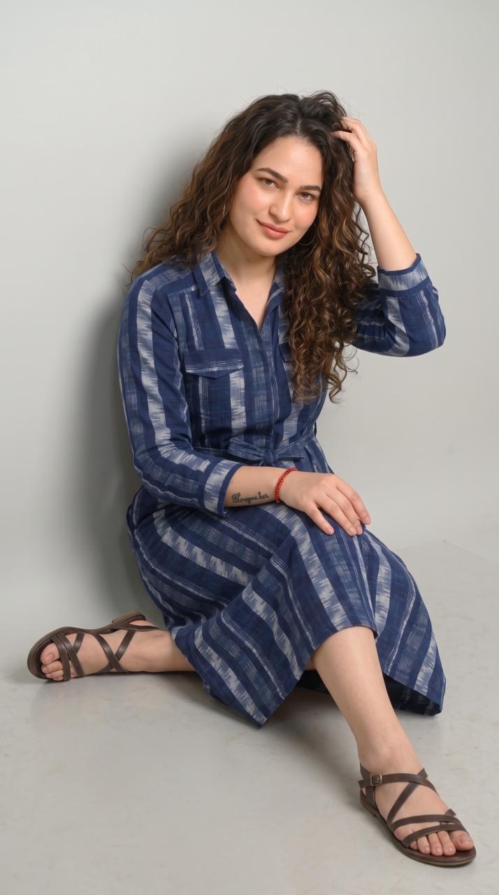 Indigo Ikkat Dress - Etiquette Apparel
