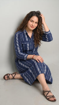 Indigo Ikkat Dress - Etiquette Apparel