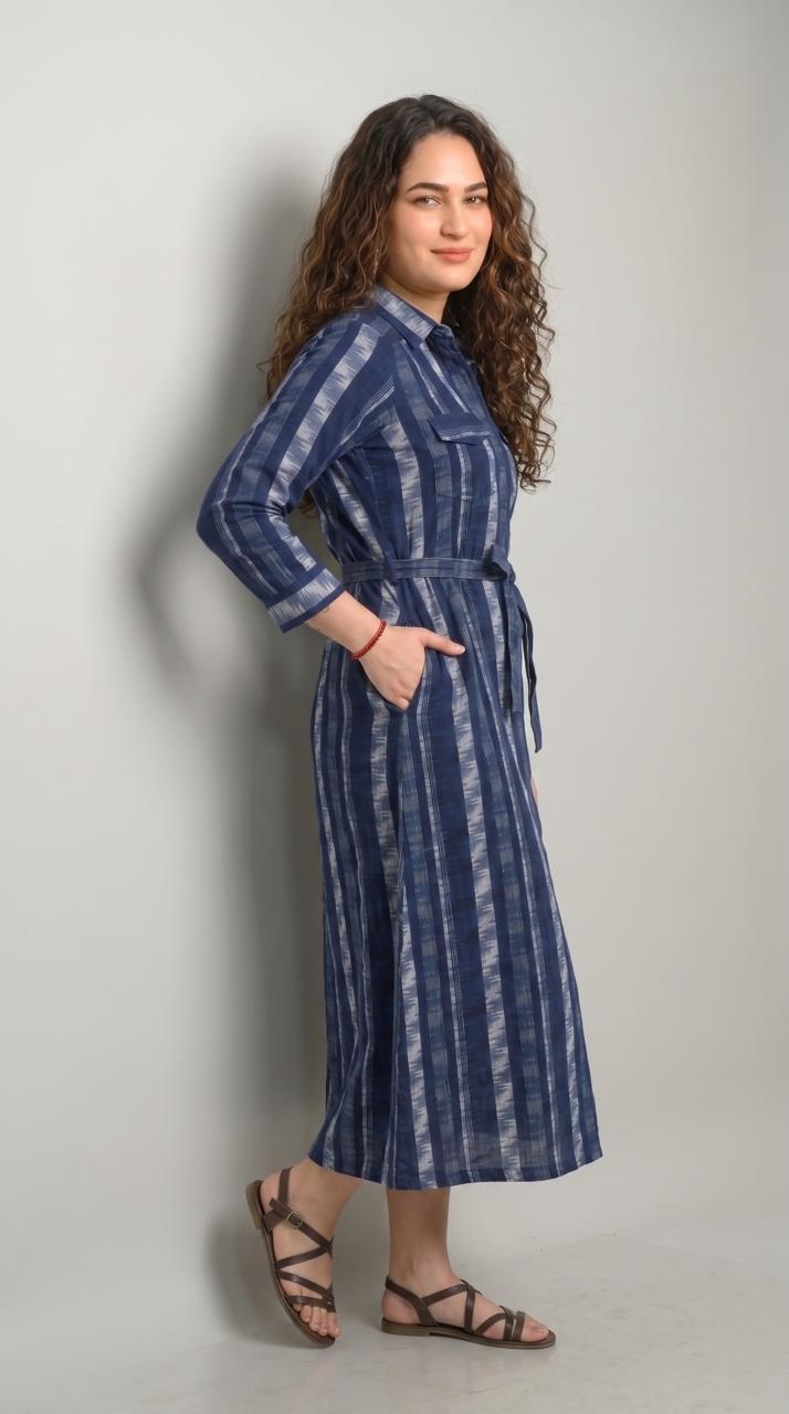 Indigo Ikkat Dress - Etiquette Apparel