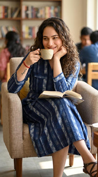 Indigo Ikkat Dress - Etiquette Apparel
