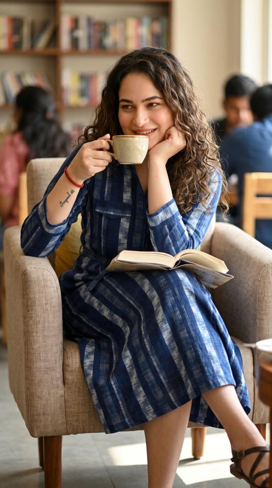Indigo Ikkat Dress - Etiquette Apparel