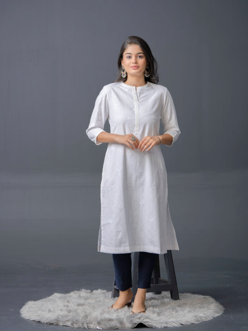 Serene white self embroidered kurta - Etiquette Apparel 