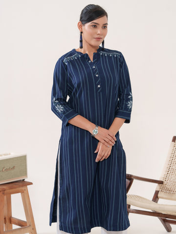 Cross stitch indigo stripe kurta