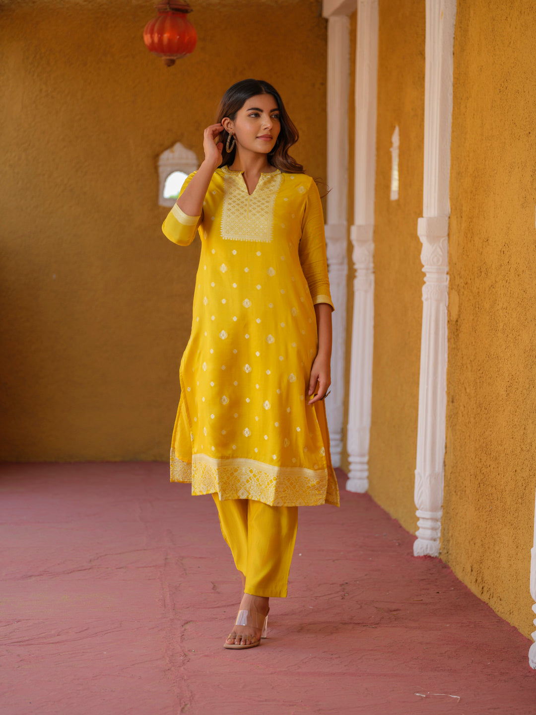 Haldi Mehndi Woven Kurta Set with Dupatta - Etiquette Apparel 