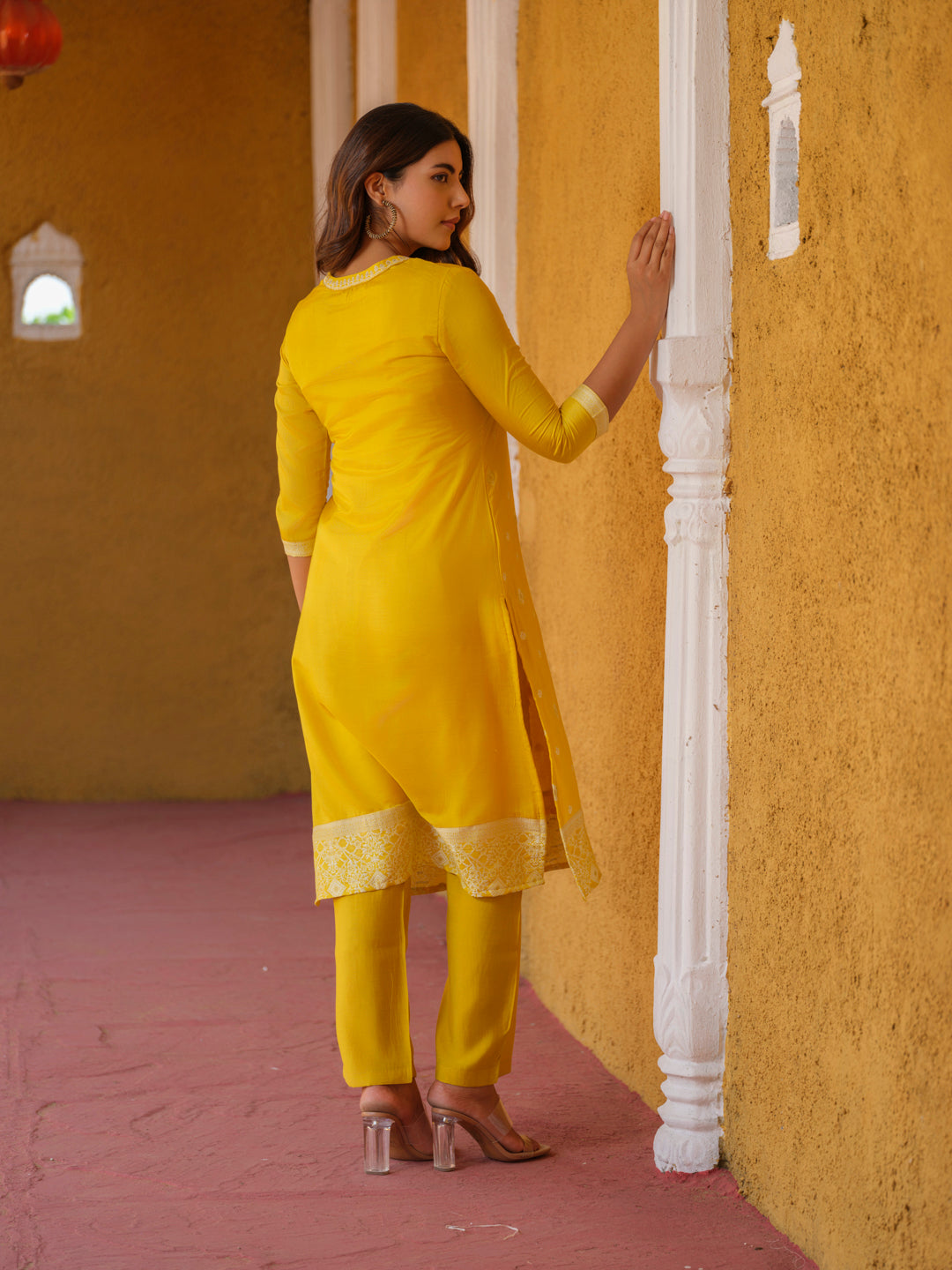 Haldi Mehndi Woven Kurta Set with Dupatta - Etiquette Apparel 