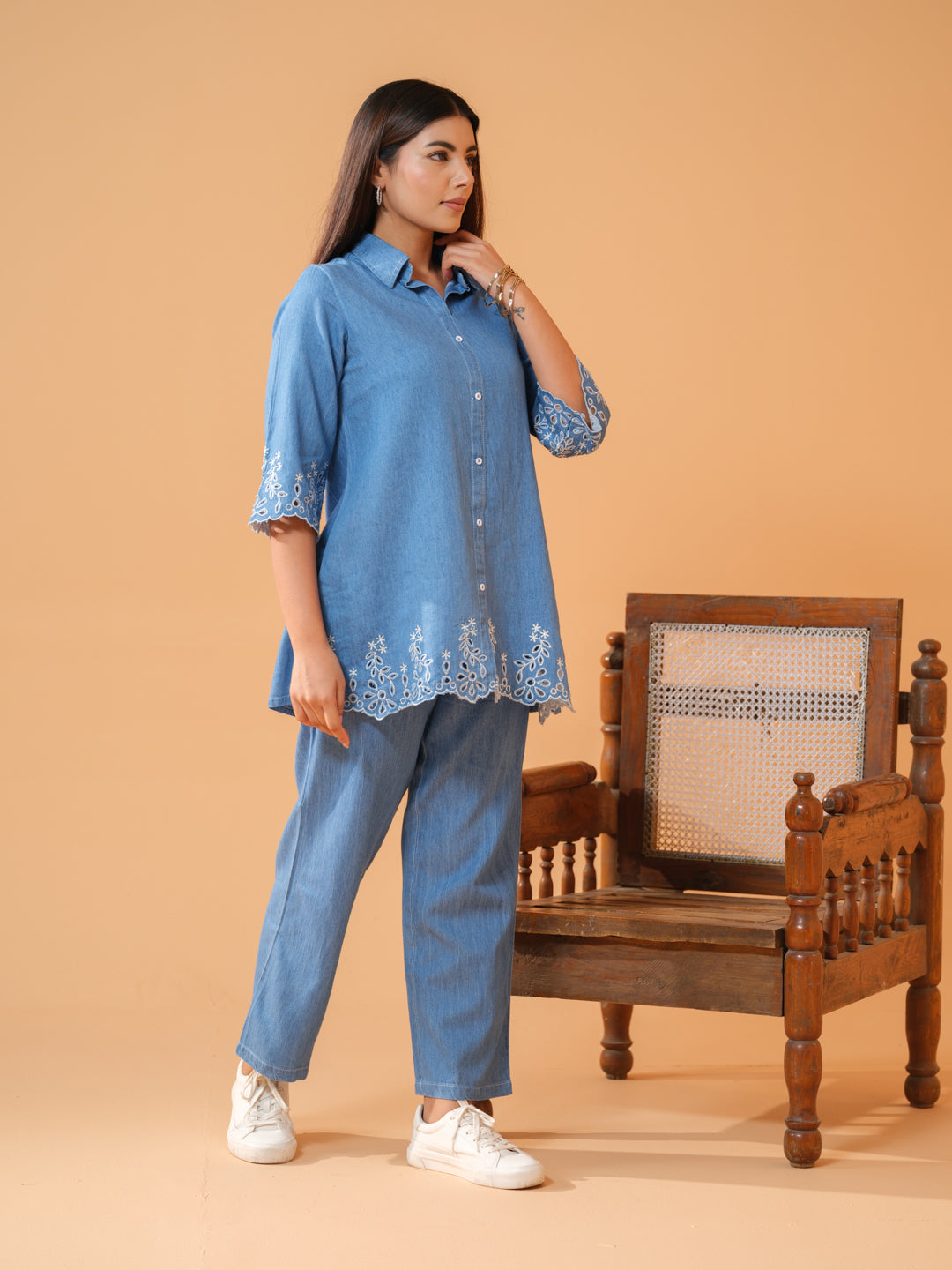 Denim Co-ord Set for Women with Cut Work Design - Etiquette Apparel