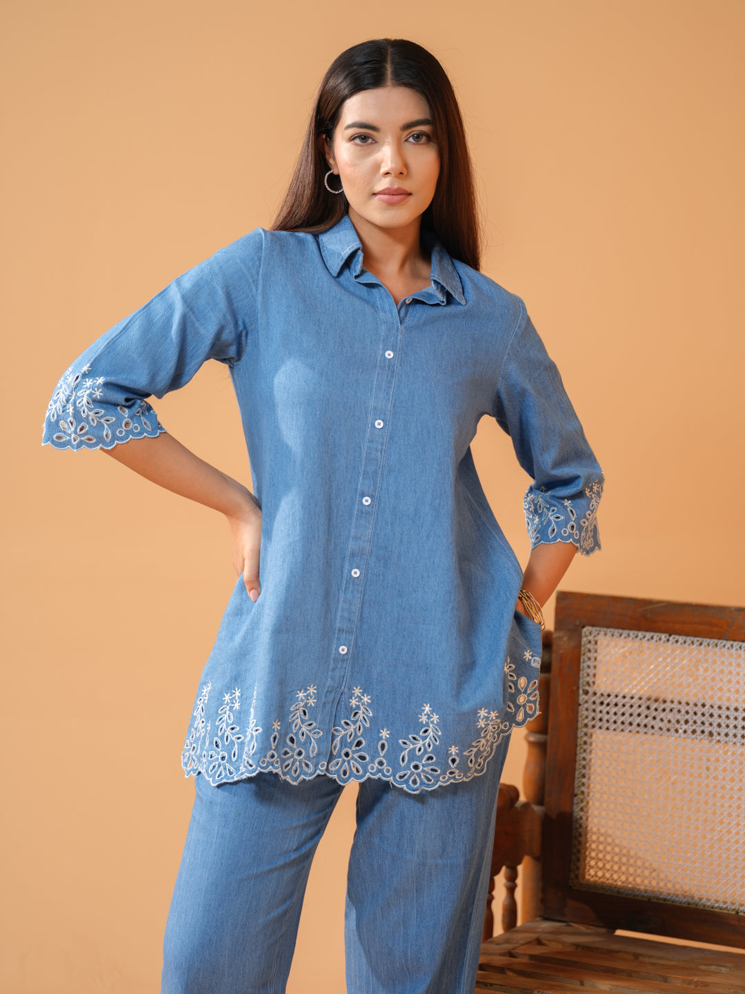 Denim Co-ord Set for Women with Cut Work Design - Etiquette Apparel