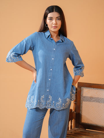 Denim Cut Work Co-Ord Set - Etiquette Apparel 