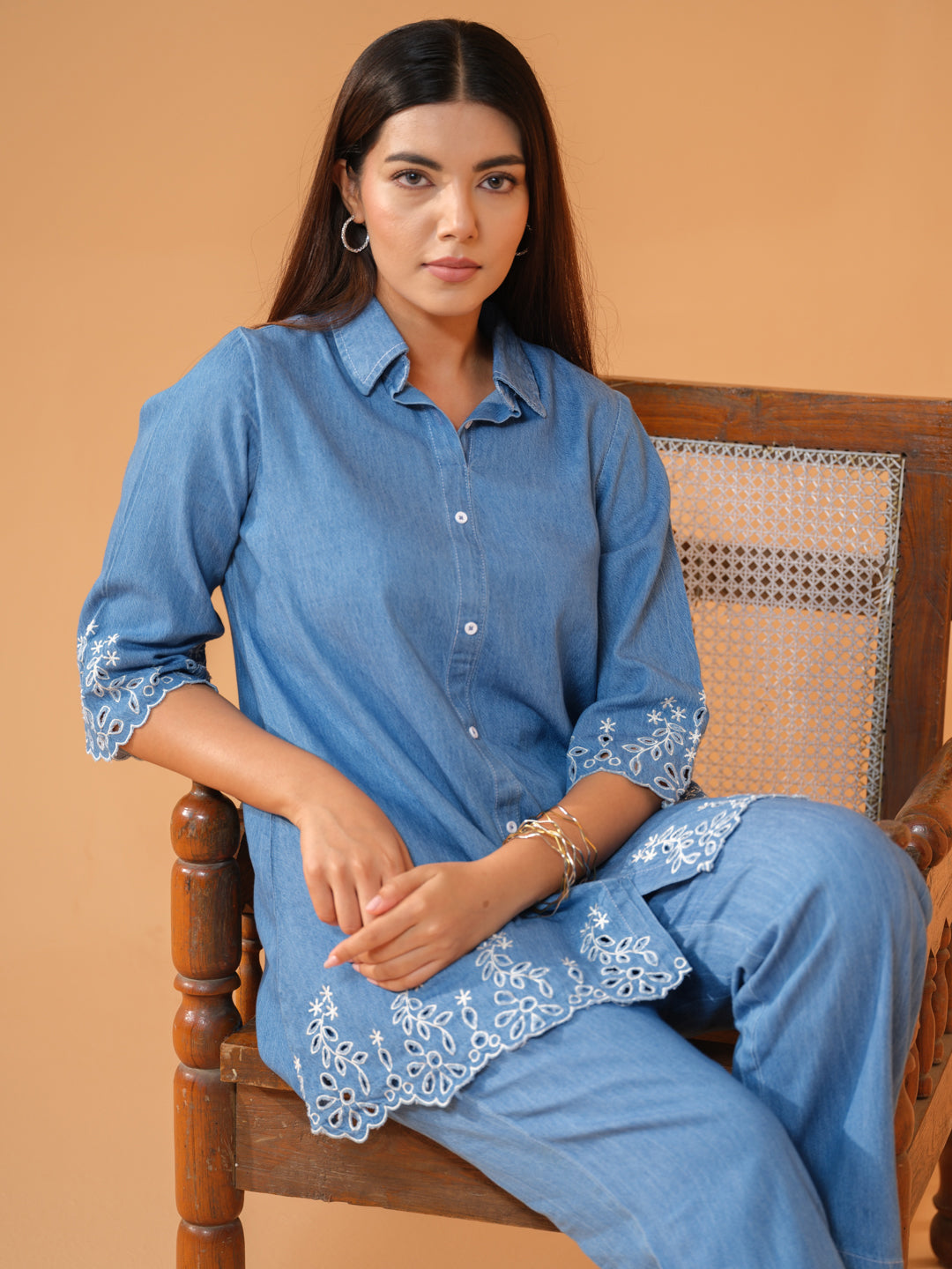 Denim Cut Work Co-Ord Set - Etiquette Apparel 