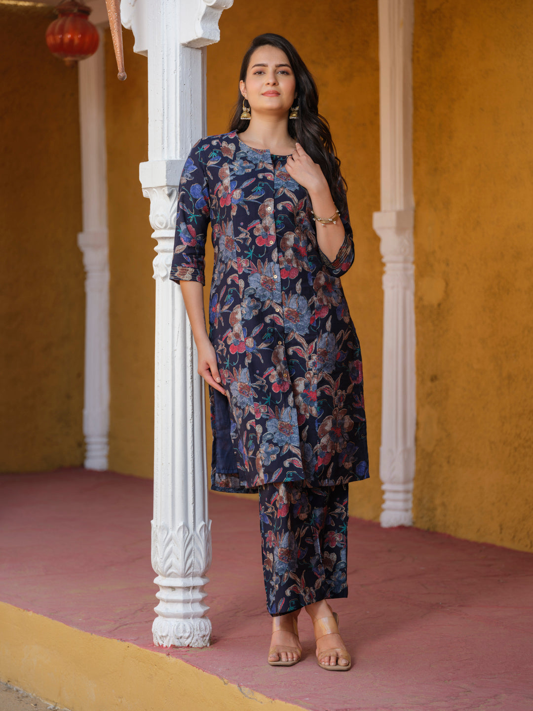 Shiny Floral Print Kurta Set - Etiquette Apparel