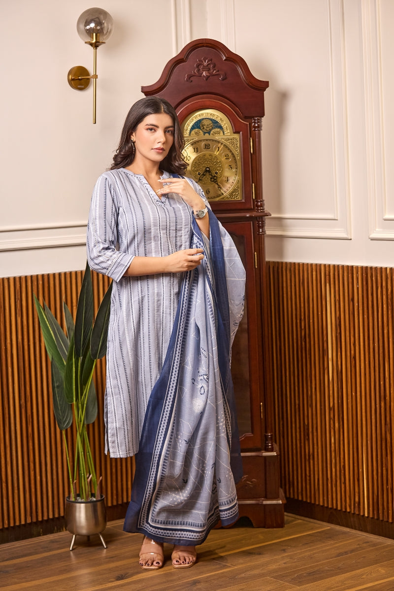 Woven Kurta Set with Printed Dupatta