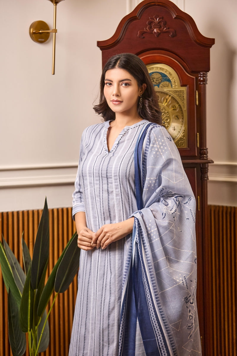 Woven Kurta Set with Printed Dupatta