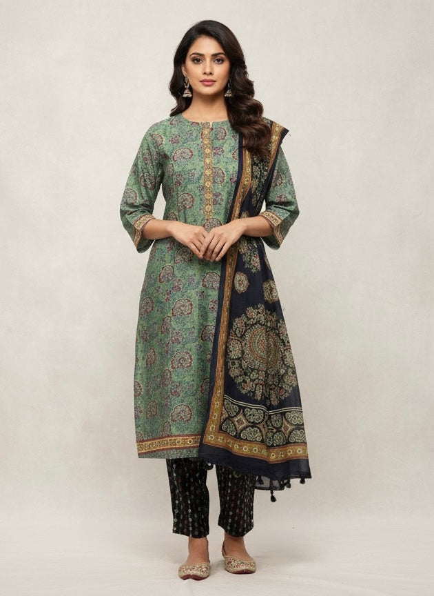Printed Straight Kurta with Beautifully Crafted Handwork Details with Duppatta - Etiquette Apparel