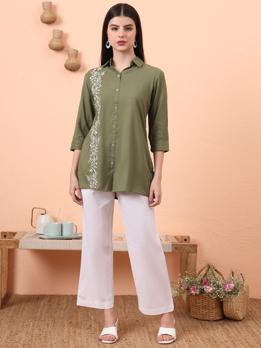 Product Carousel Image 19: Embroidered Ease Solid Coloured Top