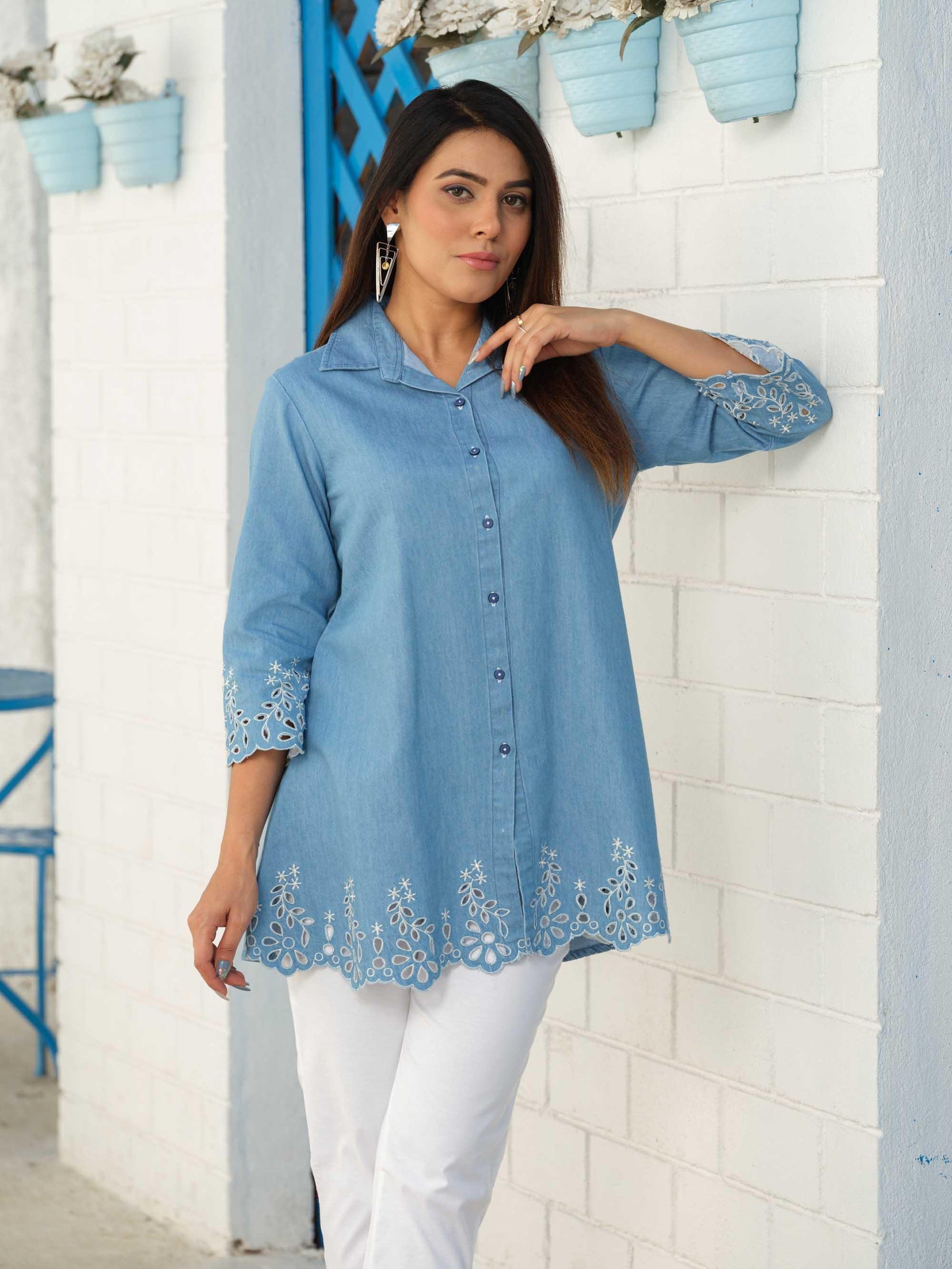 Shirt collar denim top with cutwork embroidery - Etiquette Apparel 