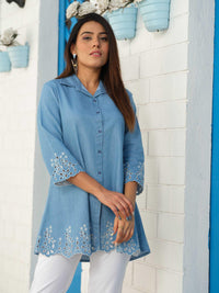 Denim Shirt Embroidery Top for Women with Stylish Shirt Collar - Etiquette Apparel