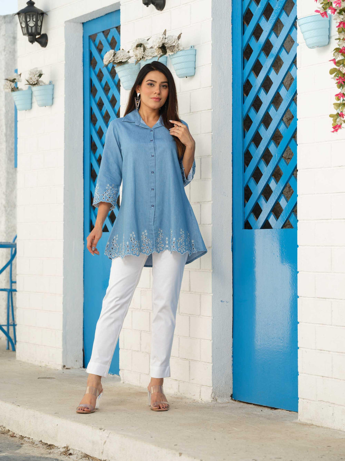 Shirt collar denim top with cutwork embroidery - Etiquette Apparel
