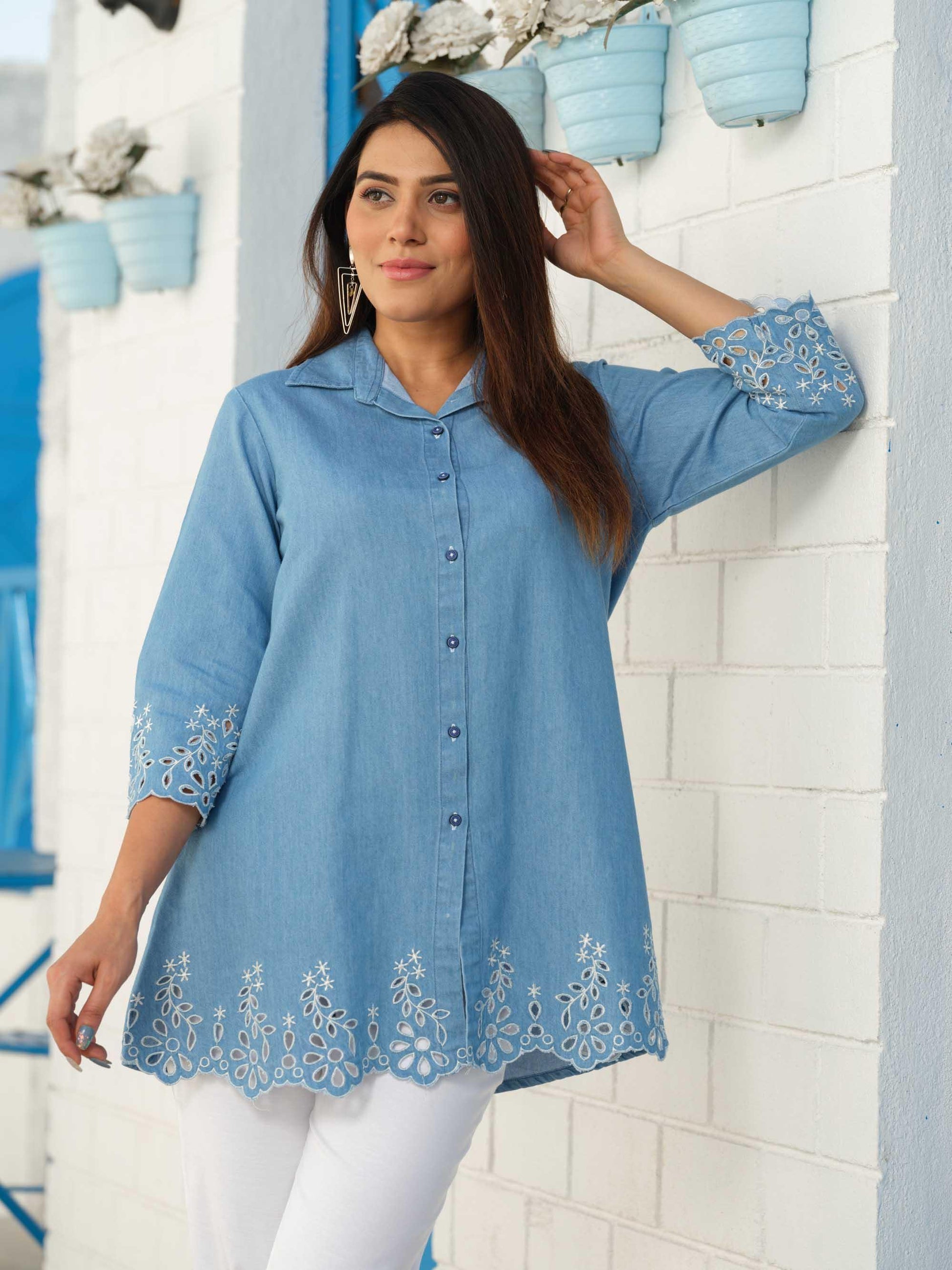 Shirt collar denim top with cutwork embroidery - Etiquette Apparel 