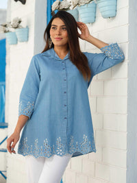 Denim Shirt Embroidery Top for Women with Stylish Shirt Collar - Etiquette Apparel