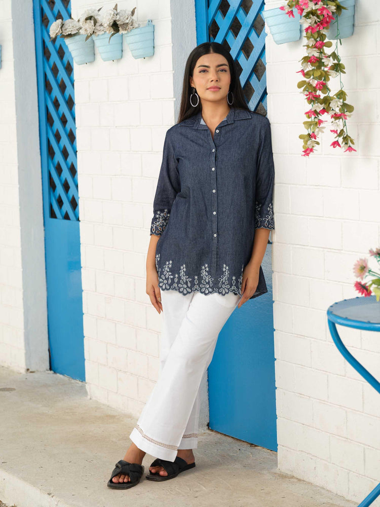 Shirt Collar Denim Top With Cutwork Embroidery Etiquette Apparel