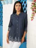 Shirt collar denim top with cutwork embroidery - Etiquette Apparel 