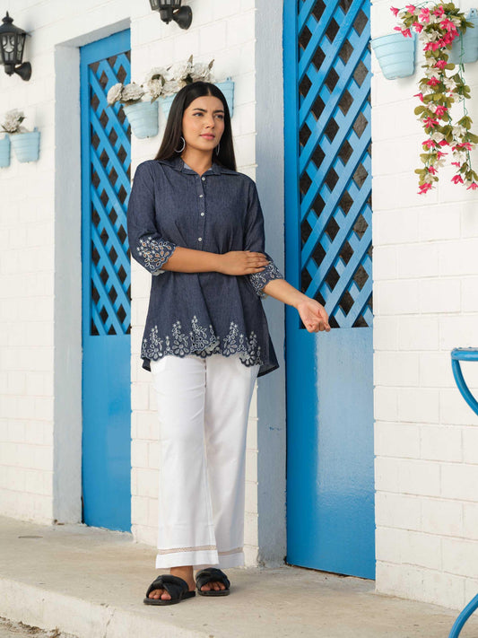 Denim Shirt Embroidery Top for Women with Stylish Shirt Collar - Etiquette Apparel