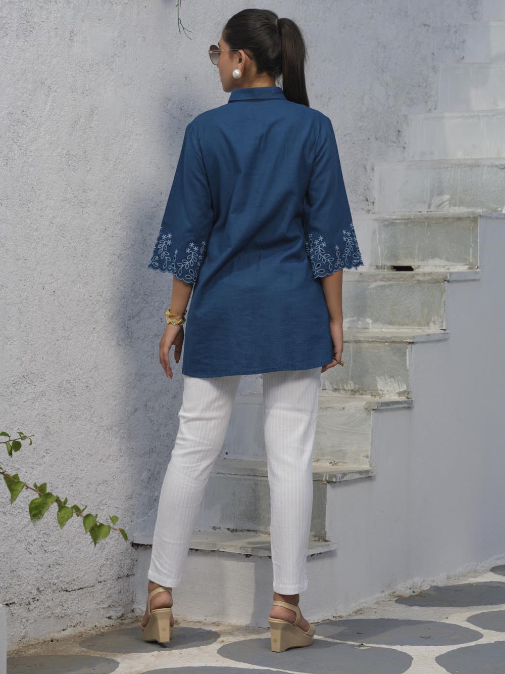 Shirt collar cotton top with cutwork embroidery Etiquette Apparel