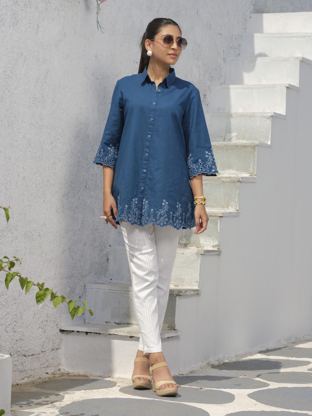 Shirt collar cotton top with cutwork embroidery Etiquette Apparel