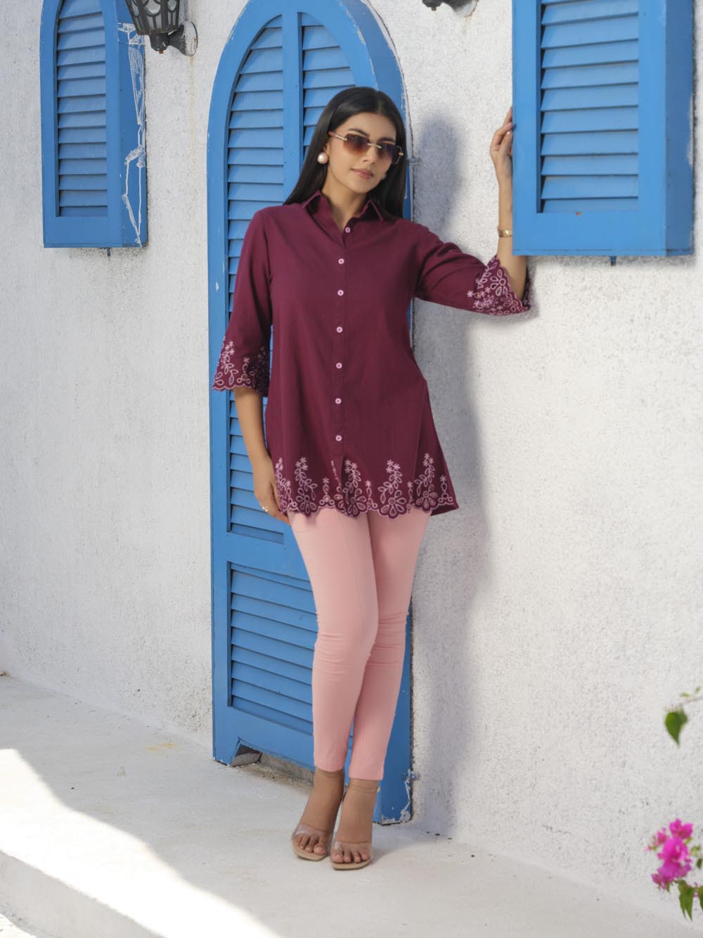 Shirt collar cotton top with cutwork embroidery Etiquette Apparel