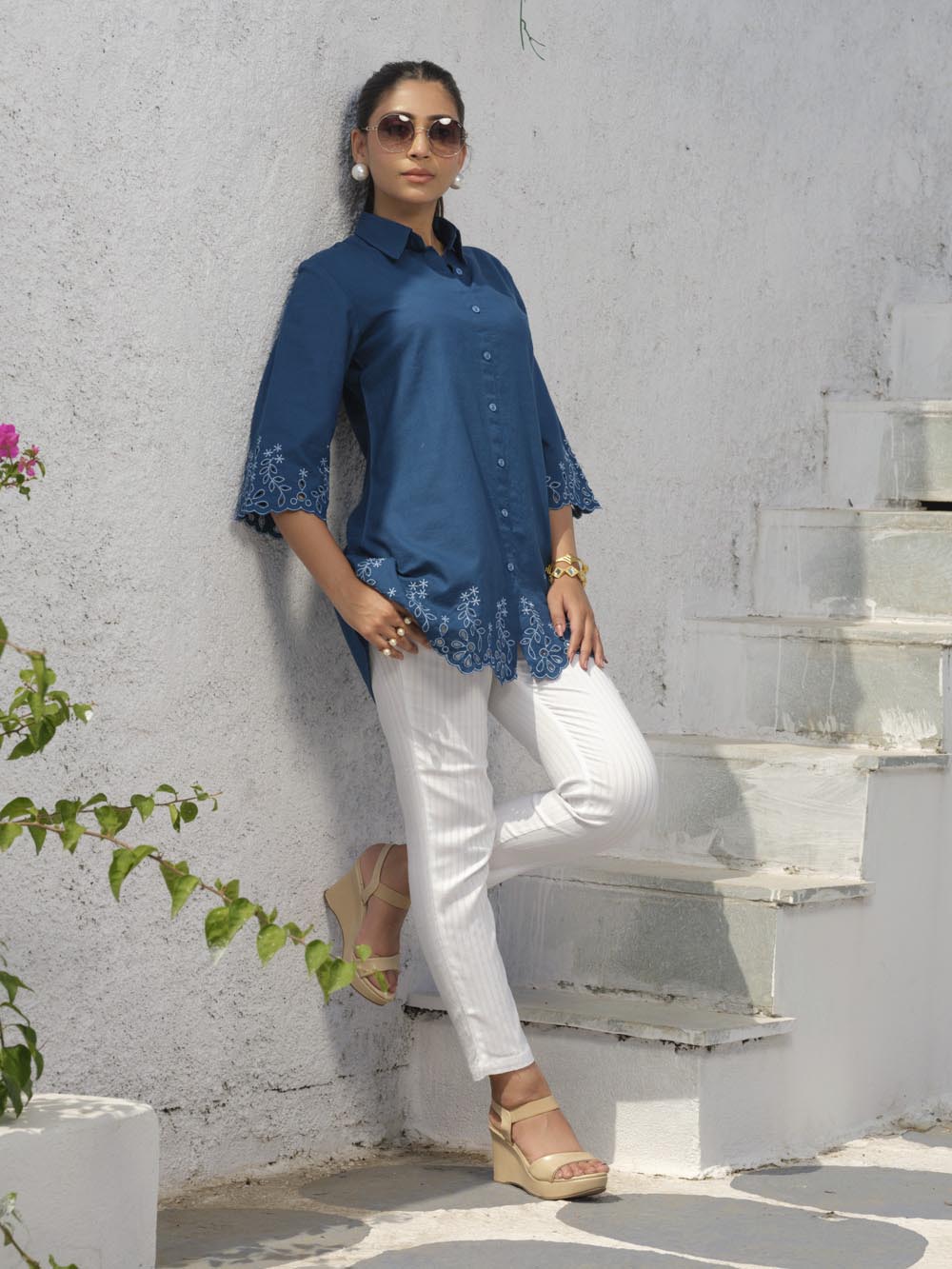 Shirt collar cotton top with cutwork embroidery Etiquette Apparel