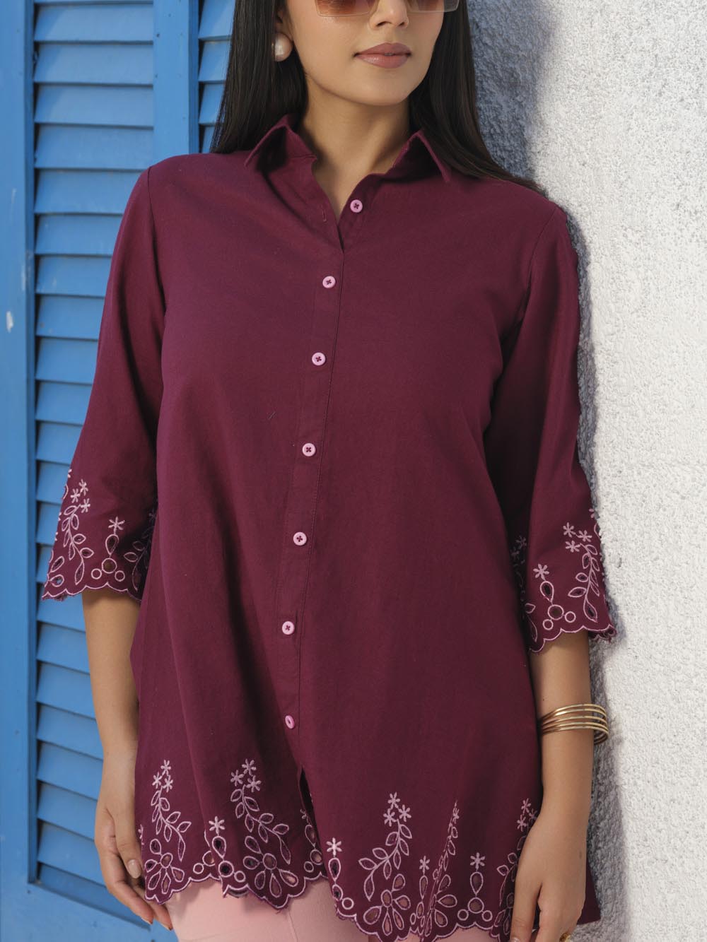 Shirt collar cotton top with cutwork embroidery Etiquette Apparel