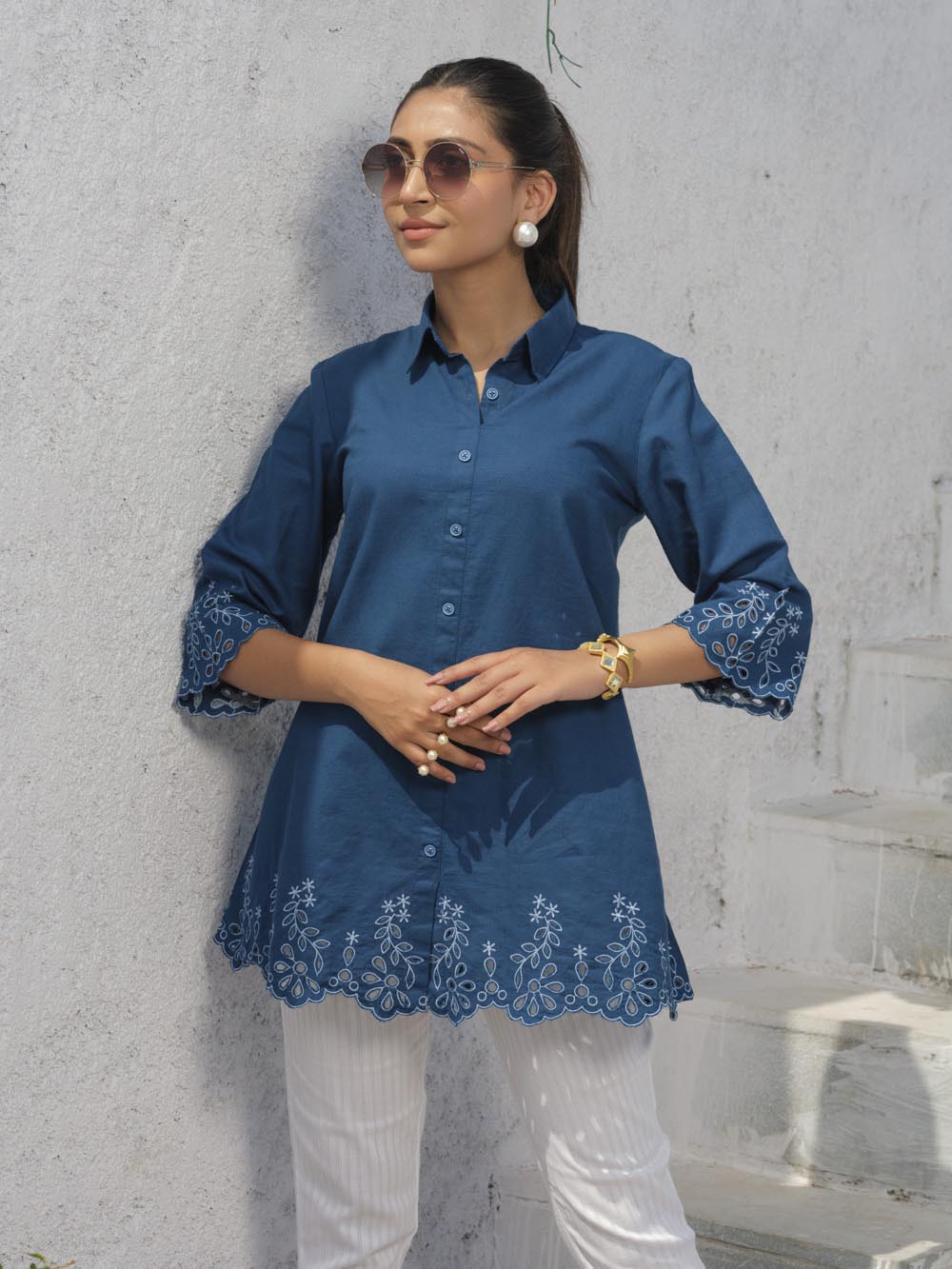 Shirt collar cotton top with cutwork embroidery Etiquette Apparel