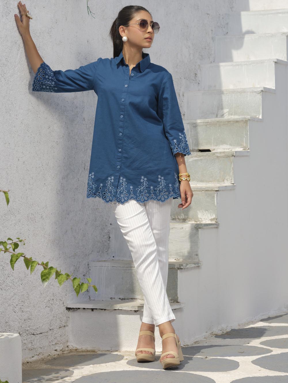 Shirt collar cotton top with cutwork embroidery Etiquette Apparel