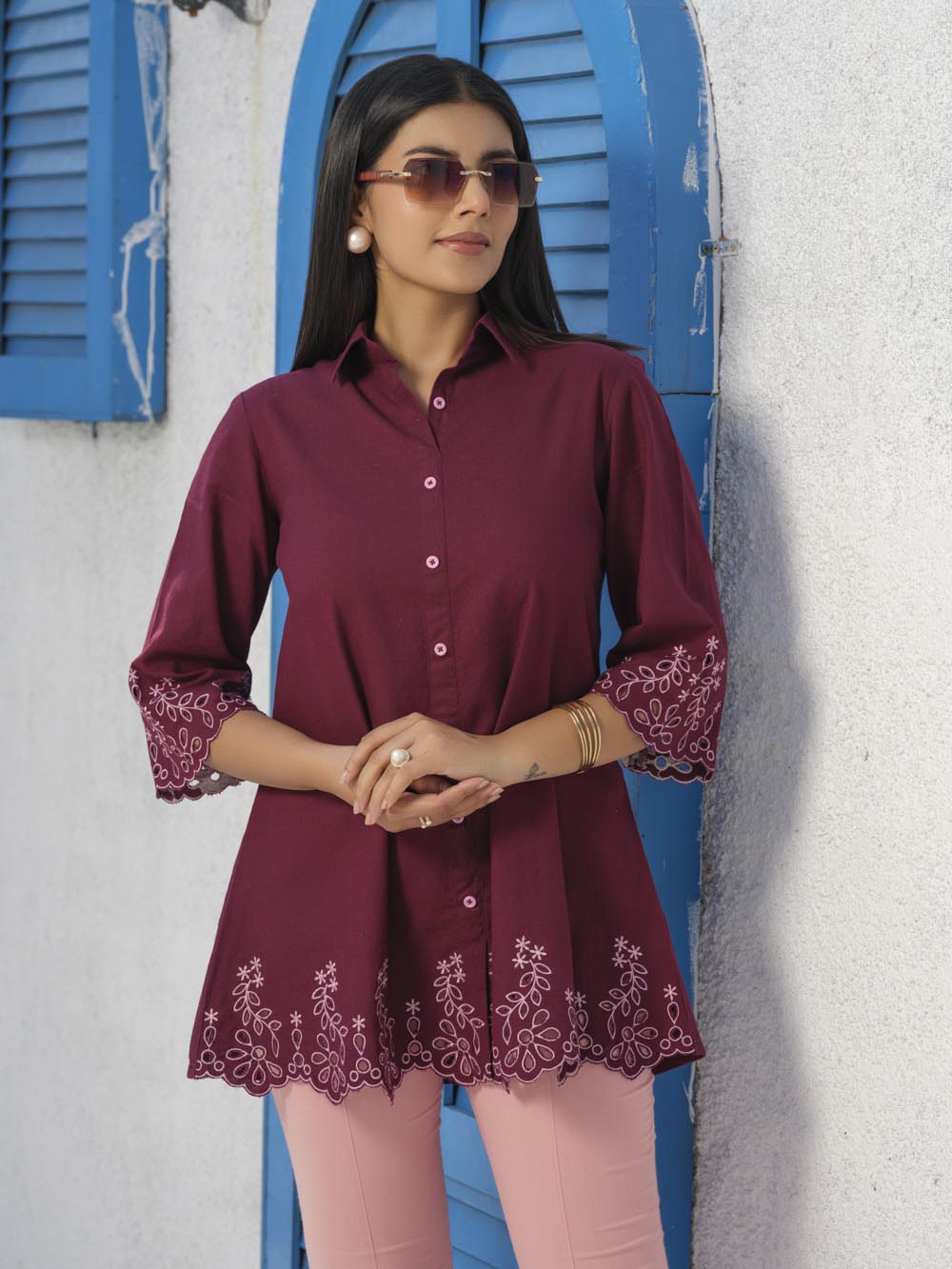 Shirt collar cotton top with cutwork embroidery Etiquette Apparel