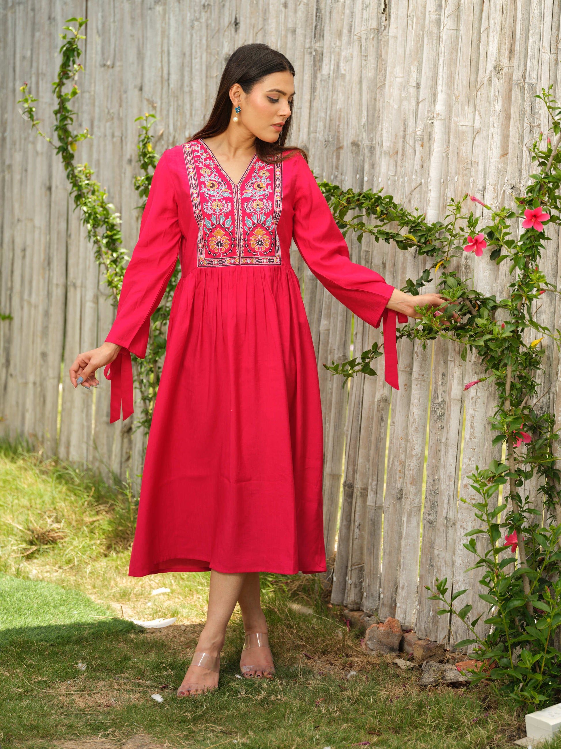 Solid Colored Dress with an Embellished Yoke Etiquette Apparel