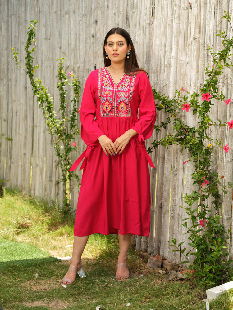 Solid Colored Dress with an Embellished Yoke Etiquette Apparel